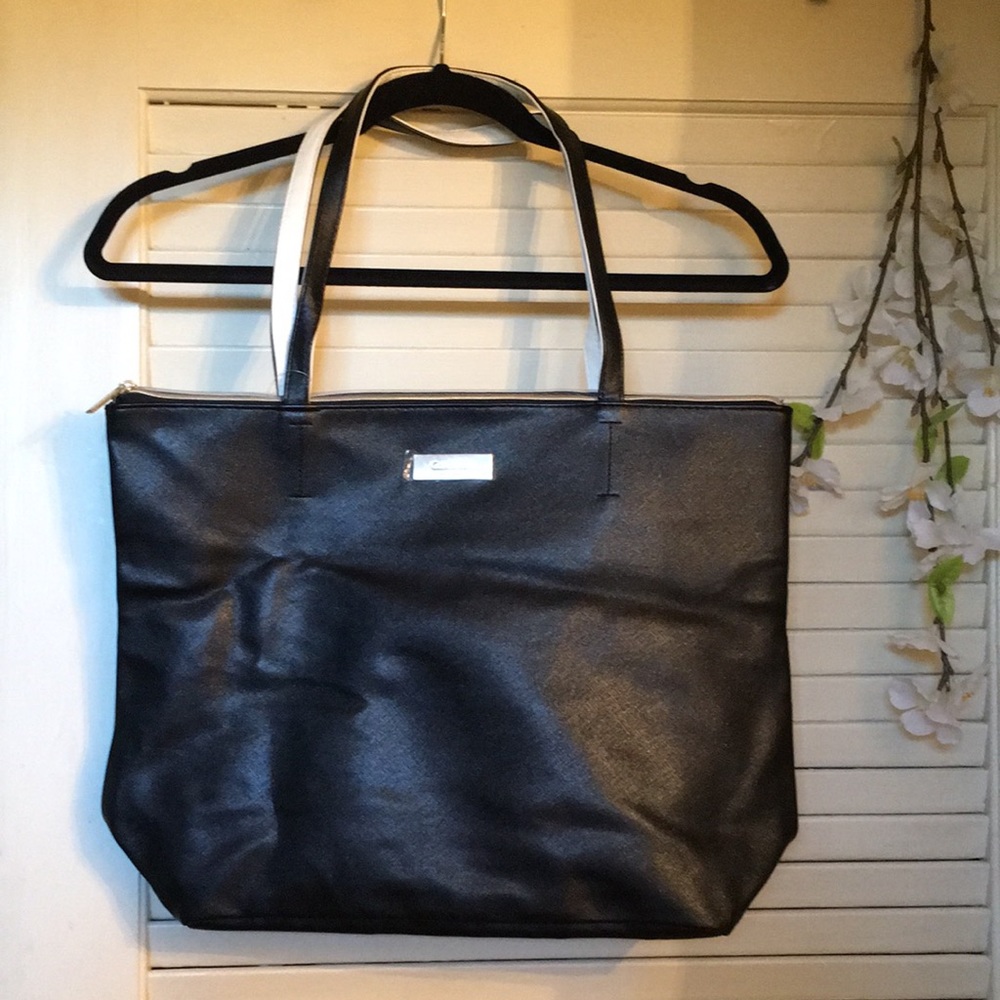 Calvin Klein Fragrance Zipper Tote Bag! Black with black and white stripes